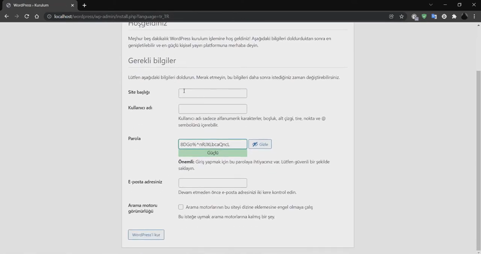wordpress site kurulumu